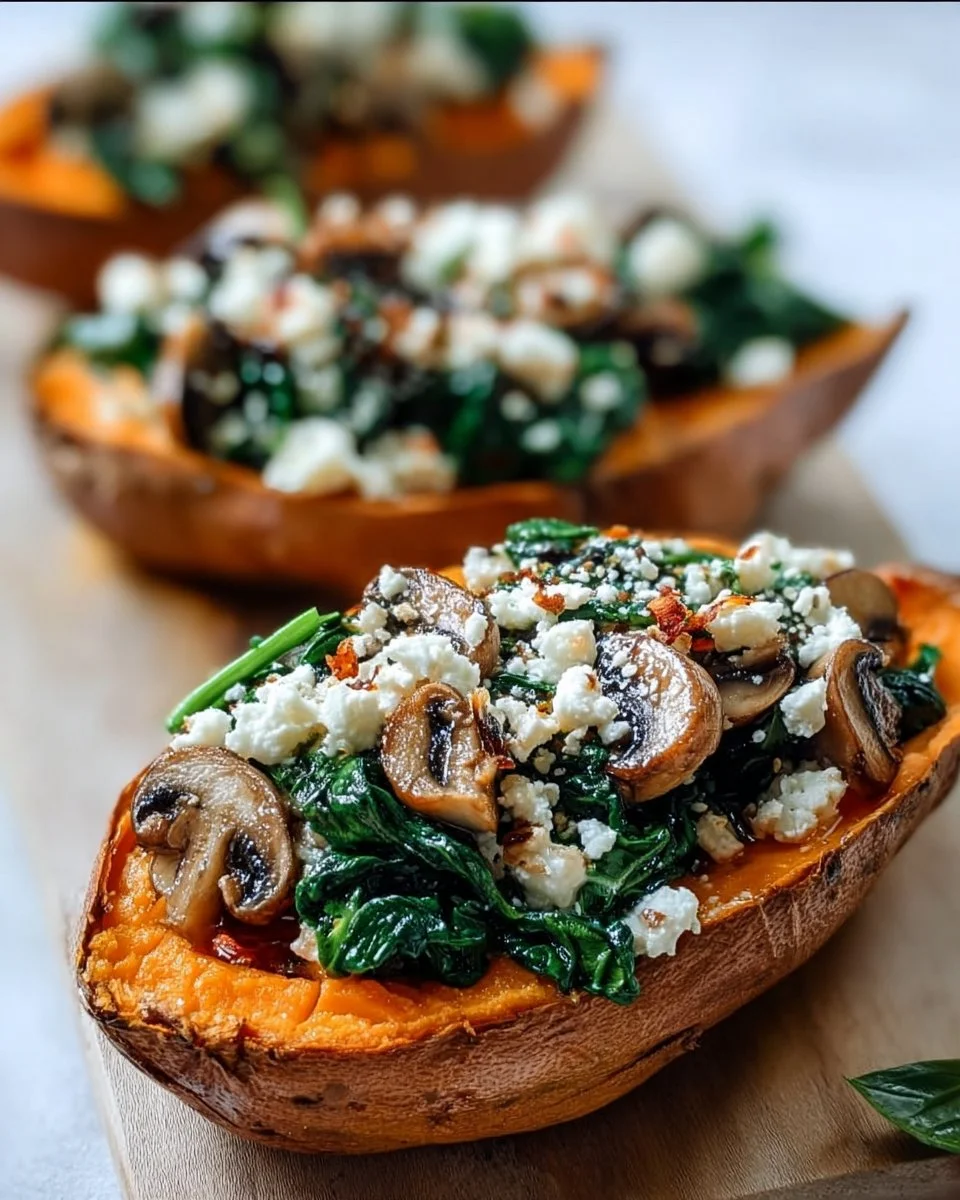 Stuffed sweet potatoes with spinach, mushrooms, and feta cheese