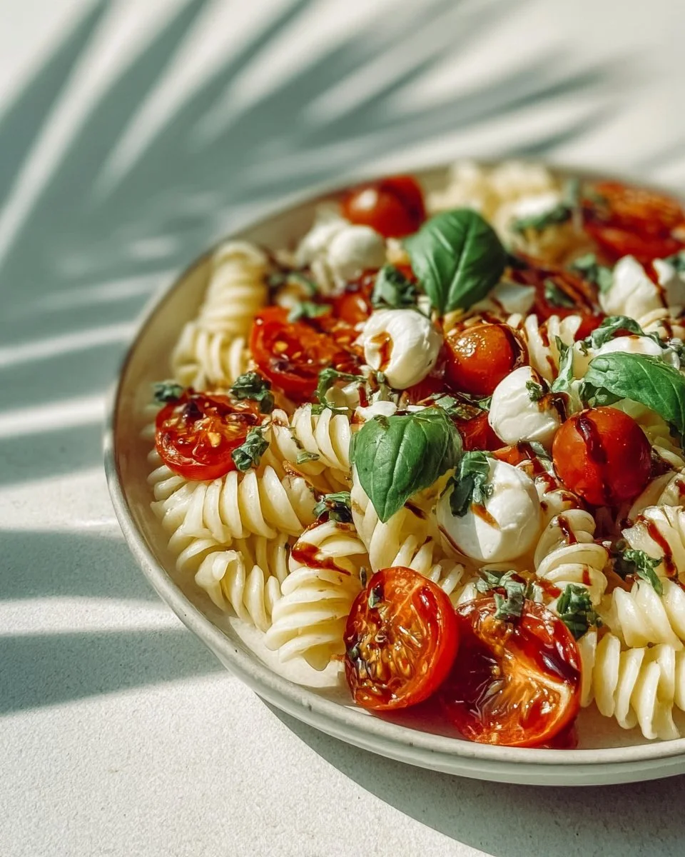 Fresh Summer Pasta Caprese with basil, tomatoes, and mozzarella cheese