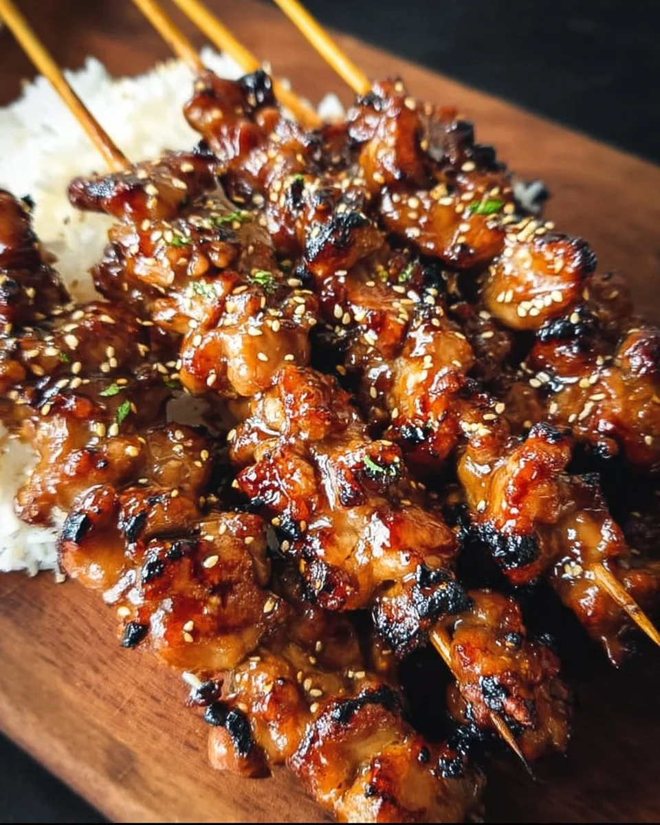 Super delicious teriyaki chicken skewers on a grill