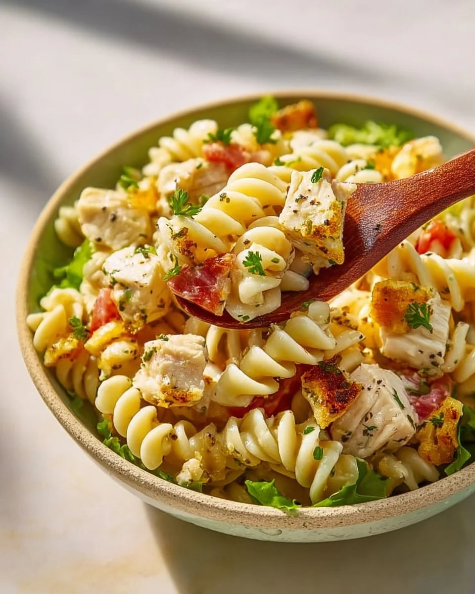 Delicious Chicken Pasta Salad served with Italian dressing and fresh vegetables
