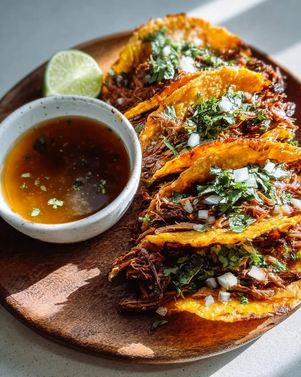 Delicious birria tacos with savory consomme served on a plate