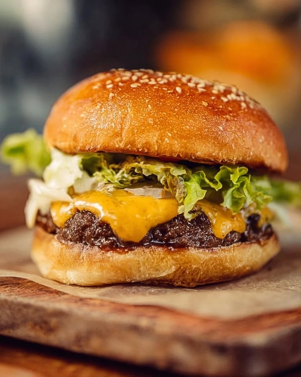 Delicious homemade smash burger with toppings on a grill plate