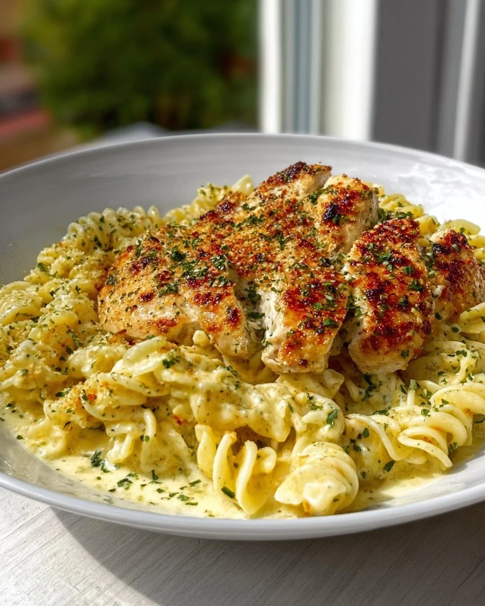 Creamy garlic parmesan chicken pasta garnished with parsley in a bowl