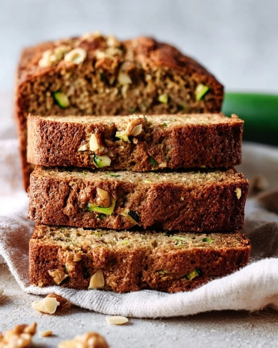 Delicious homemade moist zucchini bread with toasted nuts on a wooden table