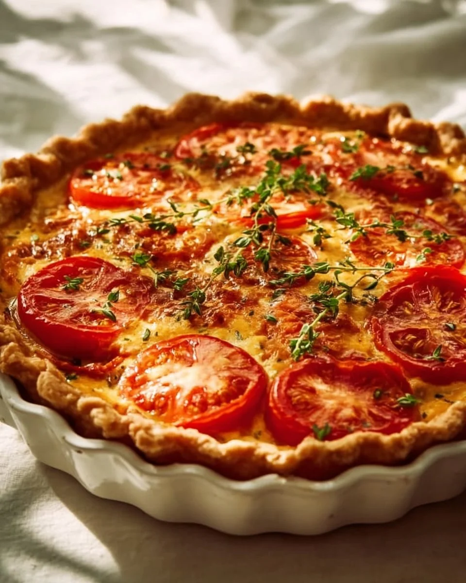 Delicious homemade Tomato Pie fresh from the oven, topped with cheese and herbs.