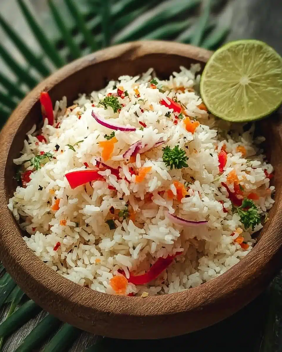 Tropical island coconut pepper rice served in a bowl with fresh herbs