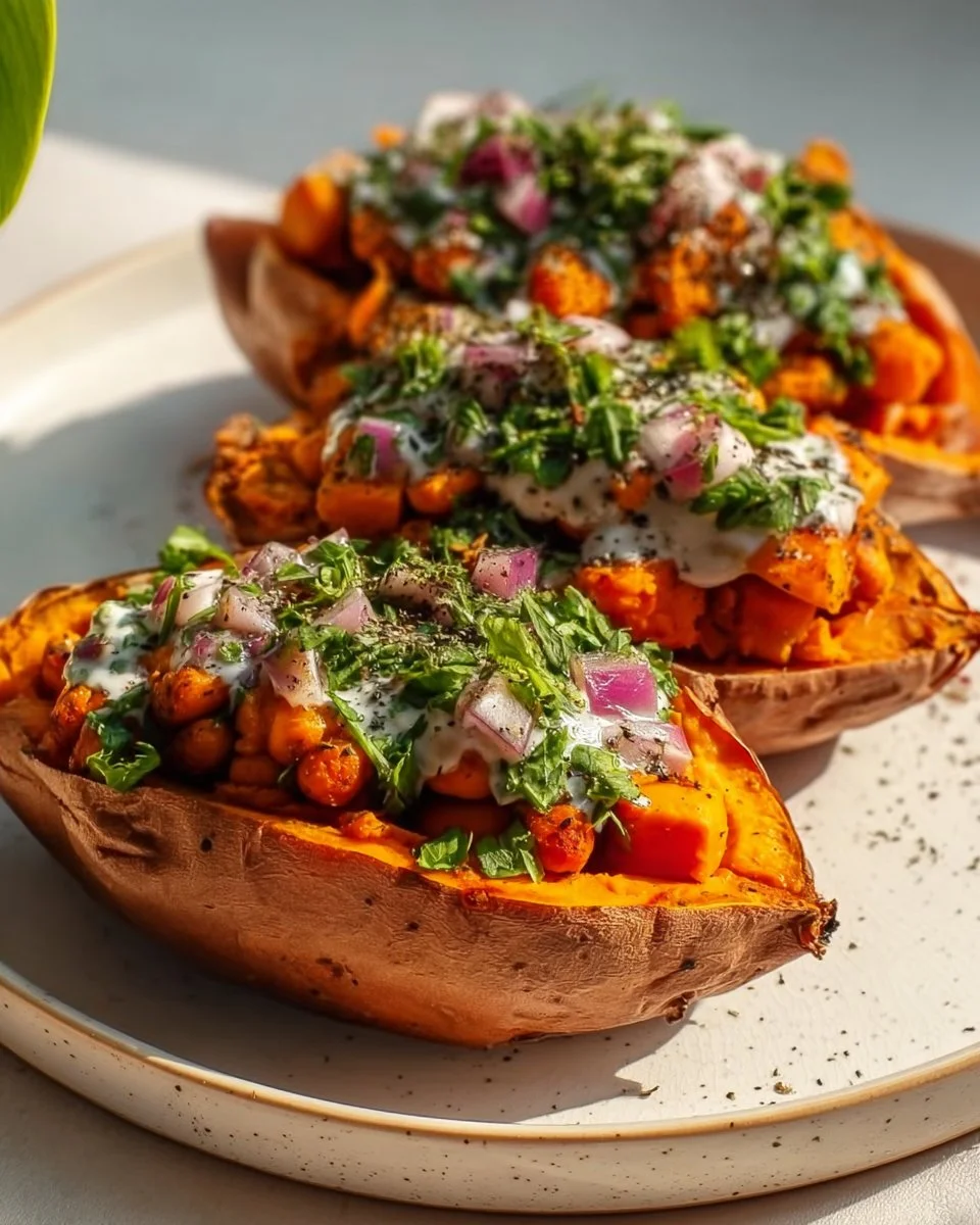 Vegan stuffed sweet potatoes filled with vegetables and spices on a plate