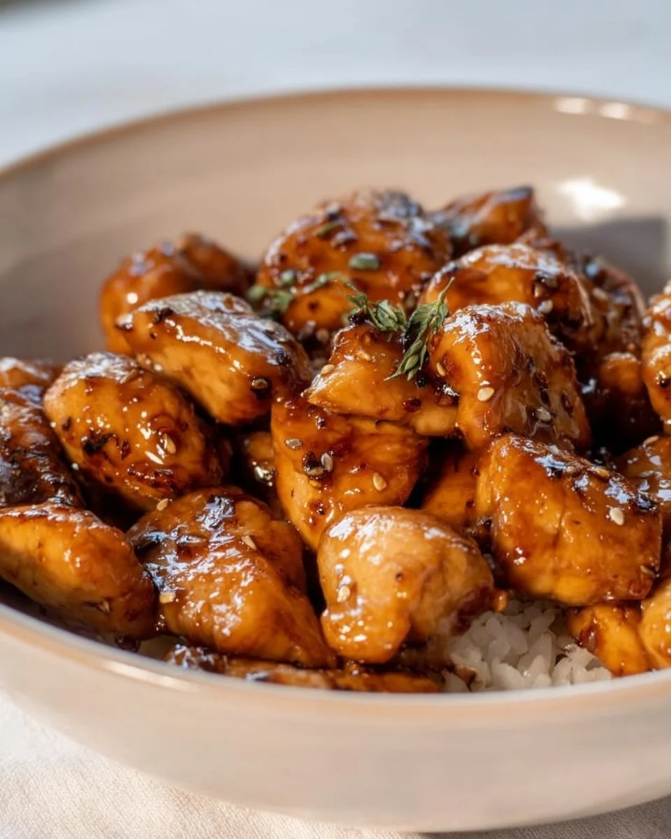 Delicious honey garlic chicken bites served as a quick meal option.