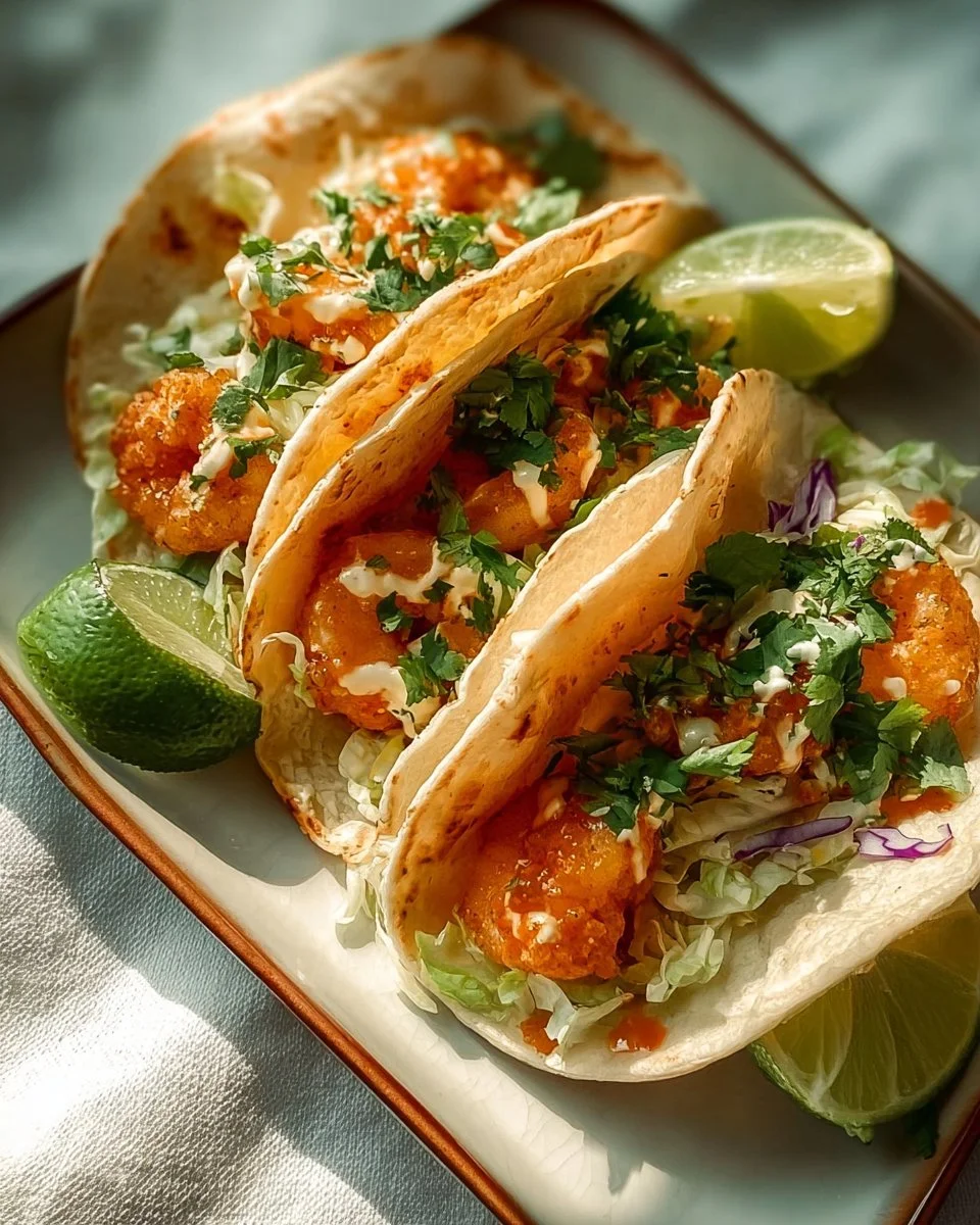 Bang Bang Shrimp Tacos topped with fresh ingredients and drizzled in spicy sauce