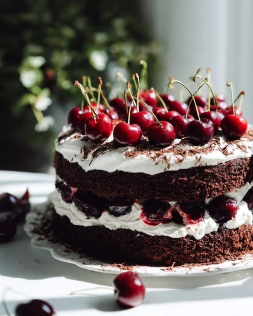 Delicious slice of Black Forest Cake topped with cherries and whipped cream
