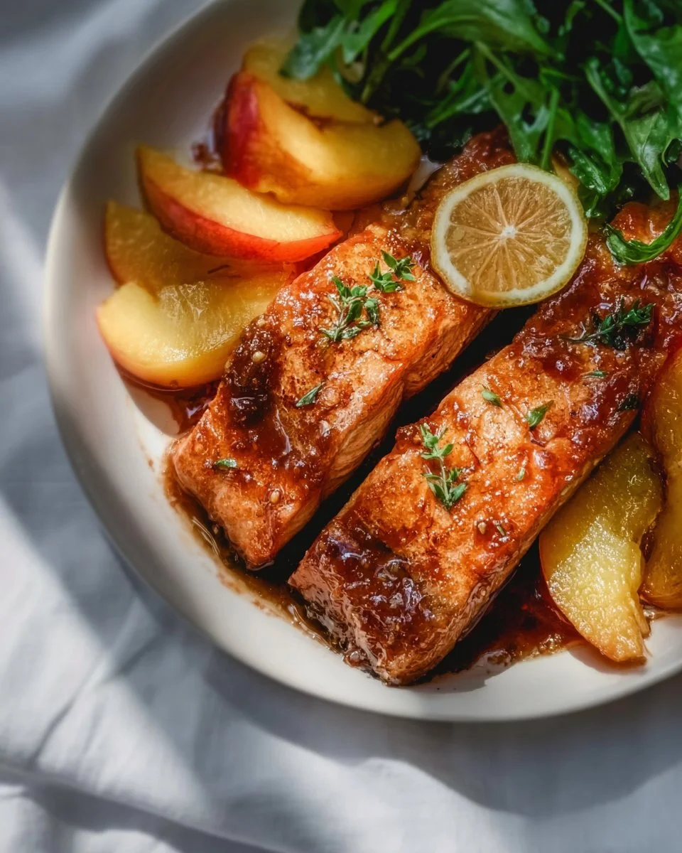 Bourbon peach roasted salmon garnished with fresh peaches and herbs.