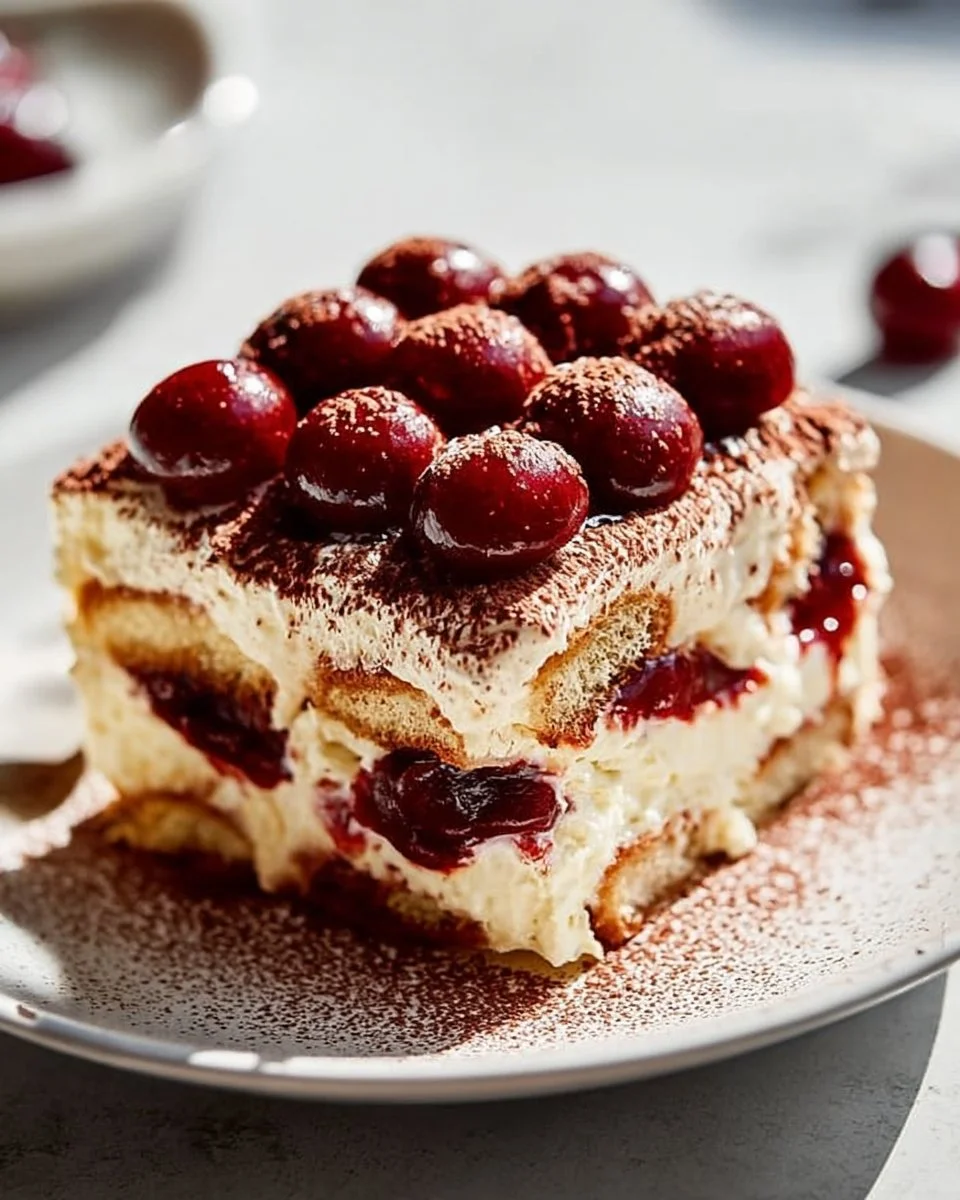 Delicious Cherry Amaretto Tiramisu with layers of cherries and creamy mascarpone