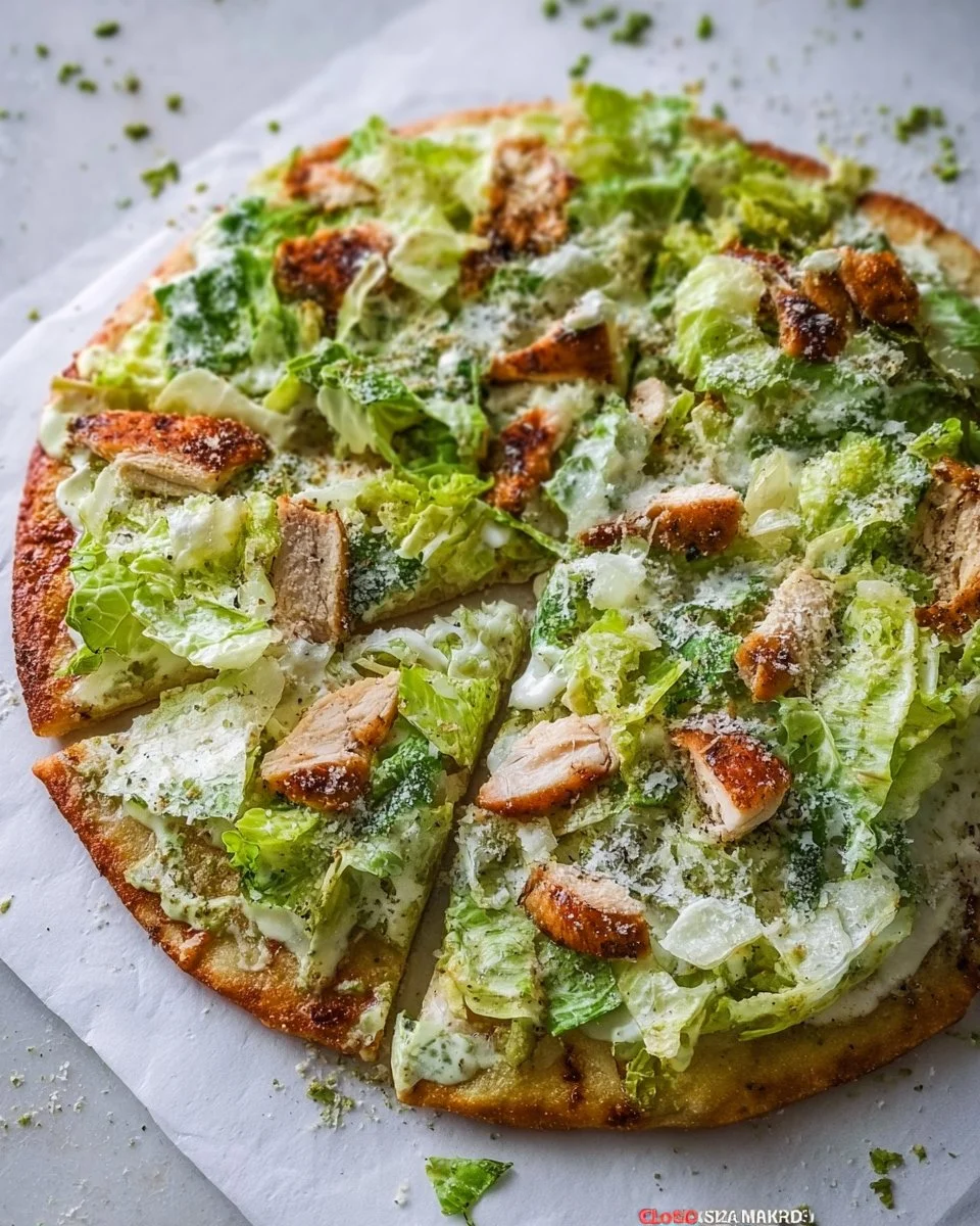 Delicious Chicken Caesar Salad Pizza on a wooden table with fresh ingredients
