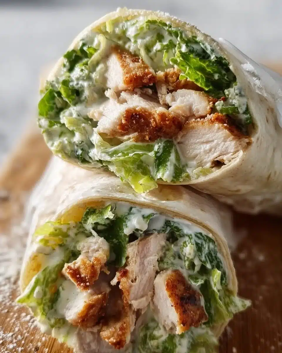 Delicious Chicken Caesar Wrap with grilled chicken, lettuce, and Caesar dressing