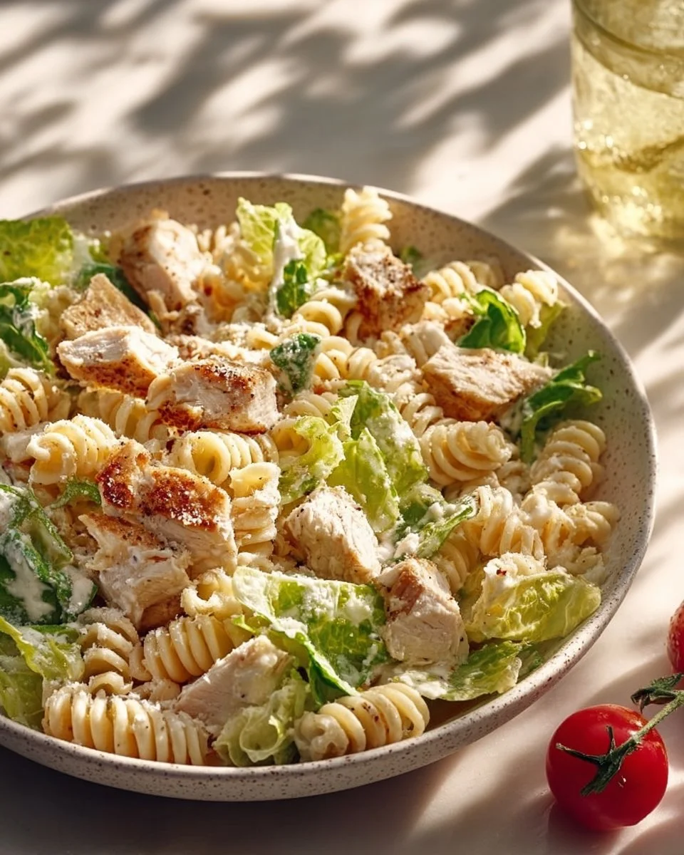 Creamy chicken caesar pasta salad in a bowl with ingredients included