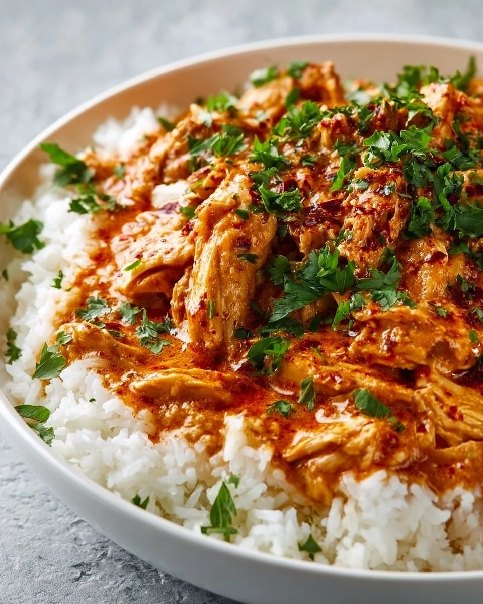 Creamy Crockpot Cajun Butter Chicken served in a bowl with rice and herbs