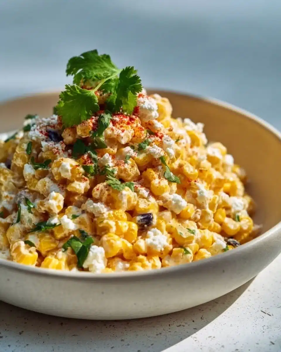 Creamy Mexican street corn salad in a bowl with fresh ingredients