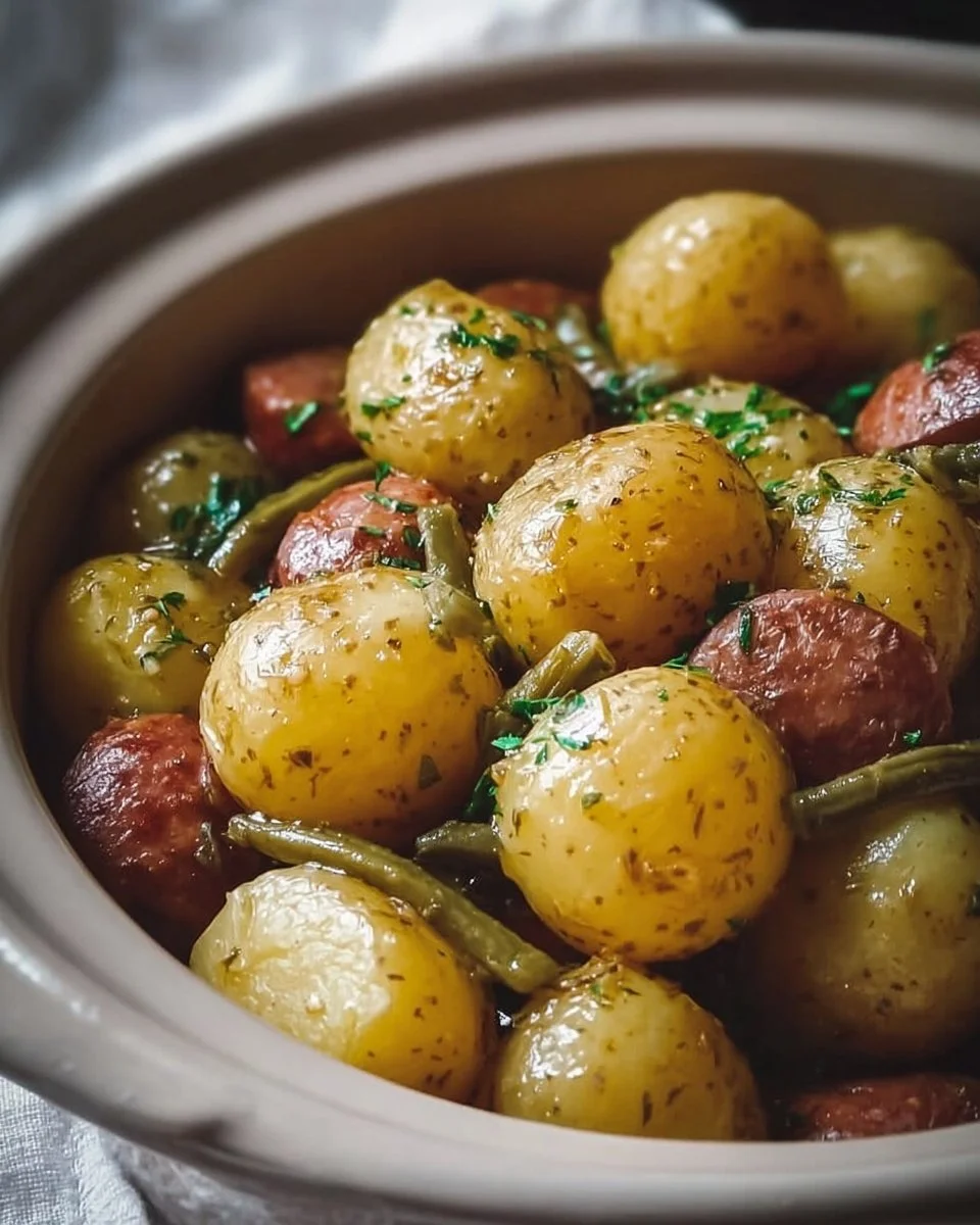 Crock Pot Swamp Potatoes cooked with herbs and spices.