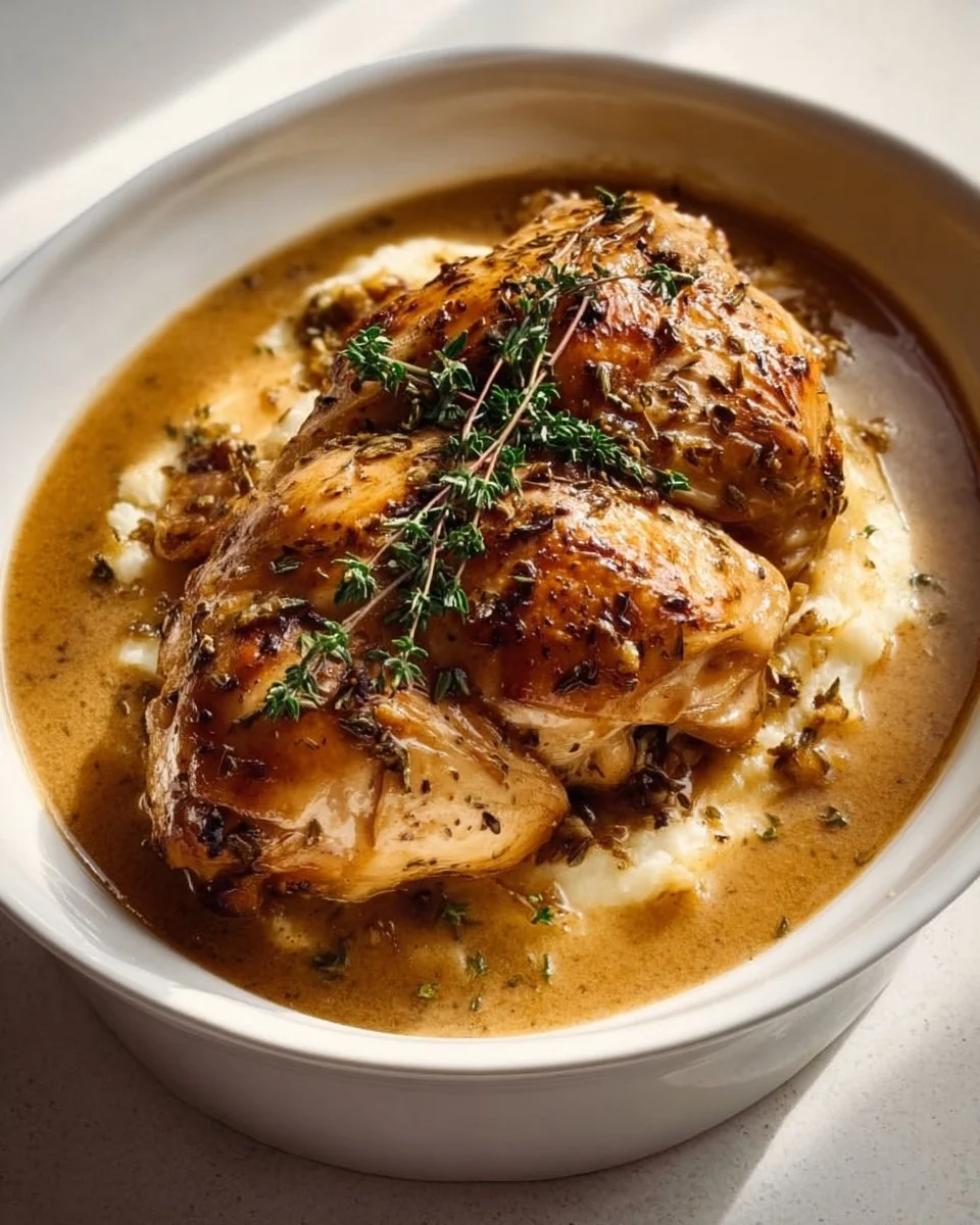 Crockpot Chicken and Gravy served in a bowl with mashed potatoes