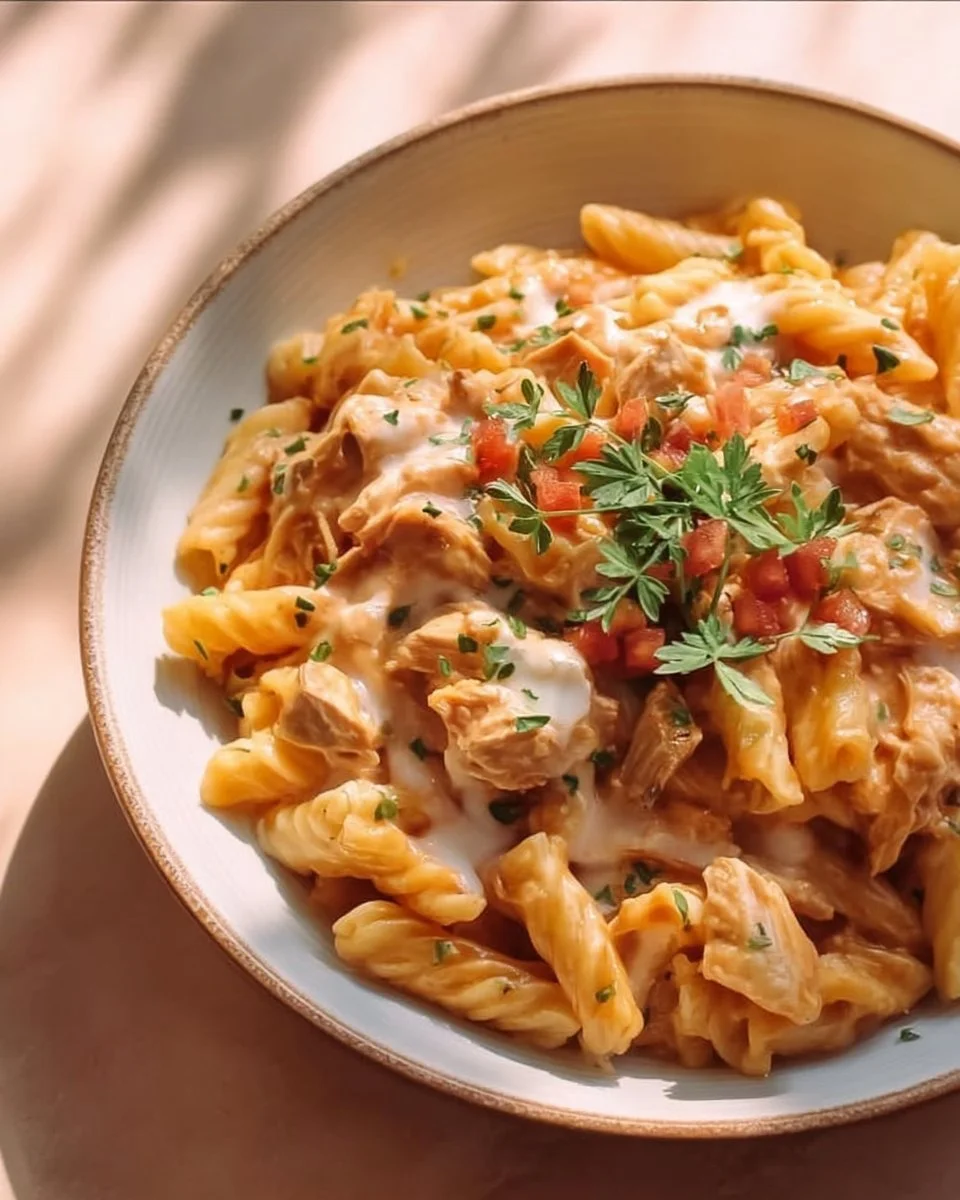 Delicious Crockpot Chicken Taco Pasta served in a bowl with toppings.