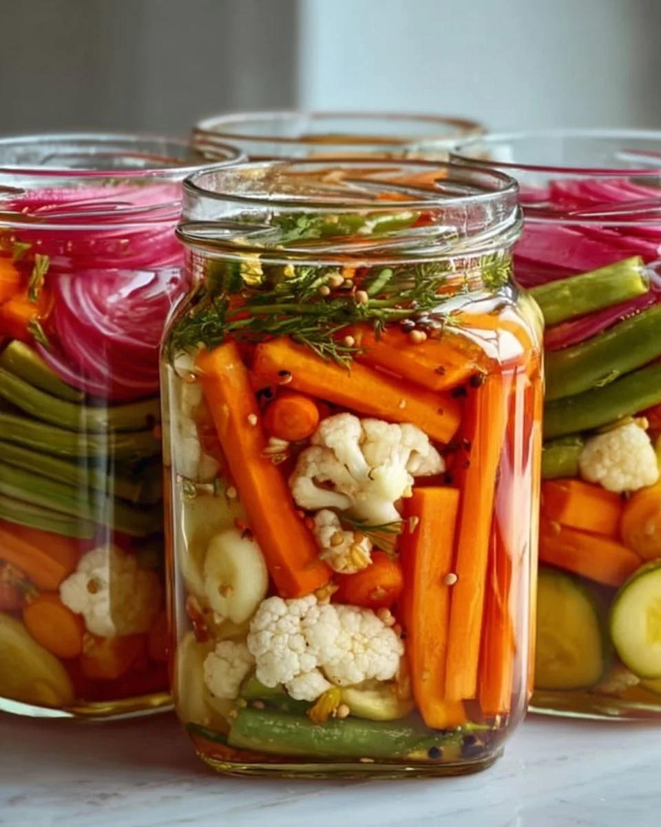Crunchy tangy refrigerator pickled vegetables in jars
