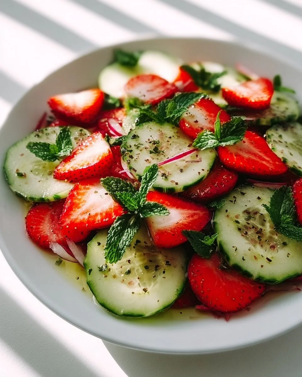 A vibrant Cucumber Strawberry Salad served in a bowl, showcasing fresh ingredients.