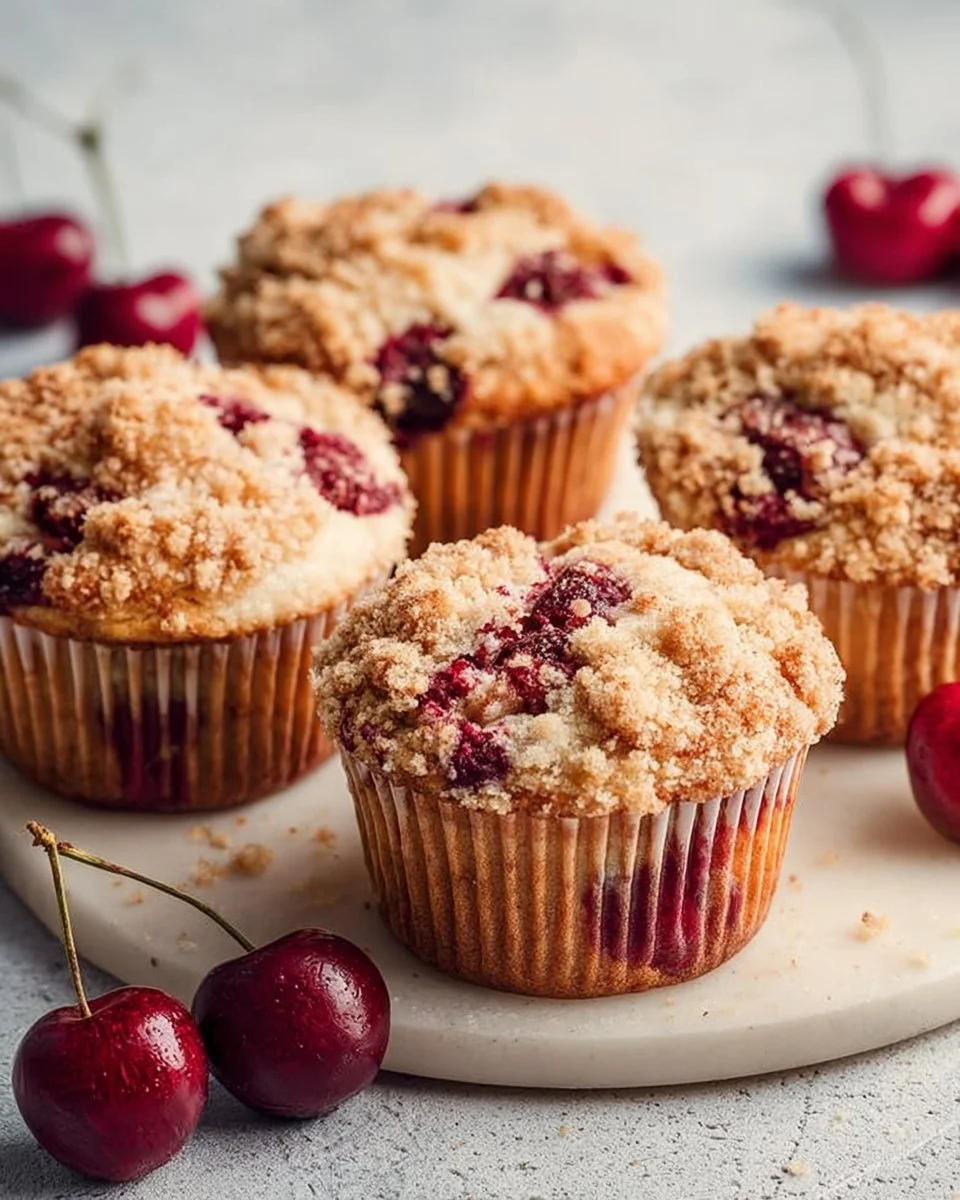 Decadent cherry cheesecake muffins with buttery streusel topping on a plate.