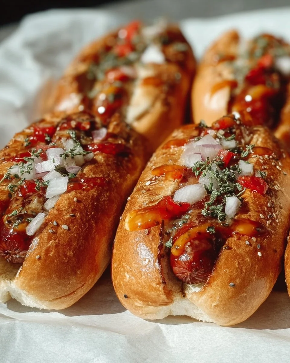 Delicious firecracker hot dogs served on a grill with vibrant toppings.