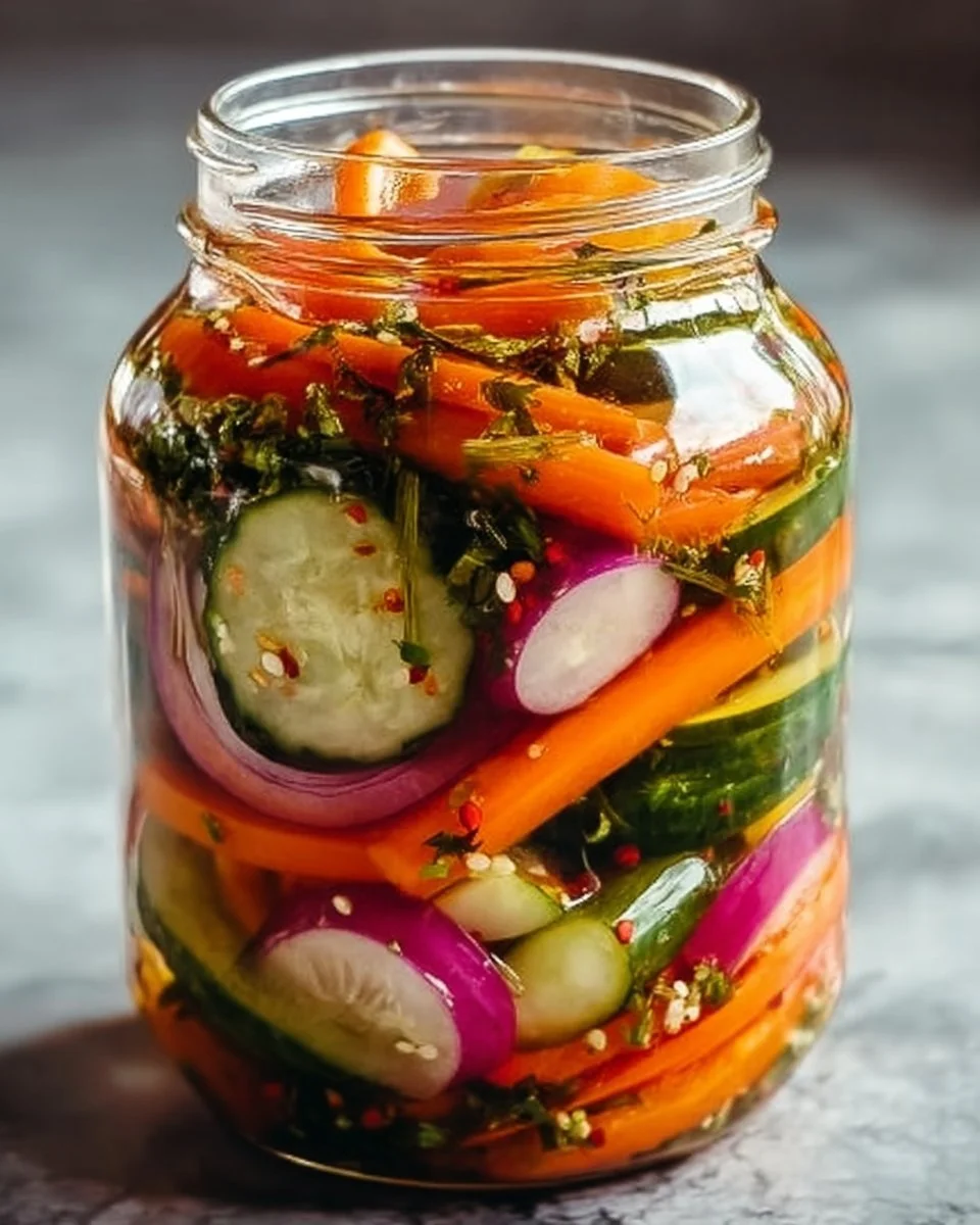 Colorful fridge pickled vegetables in jars for a fresh and healthy side dish.