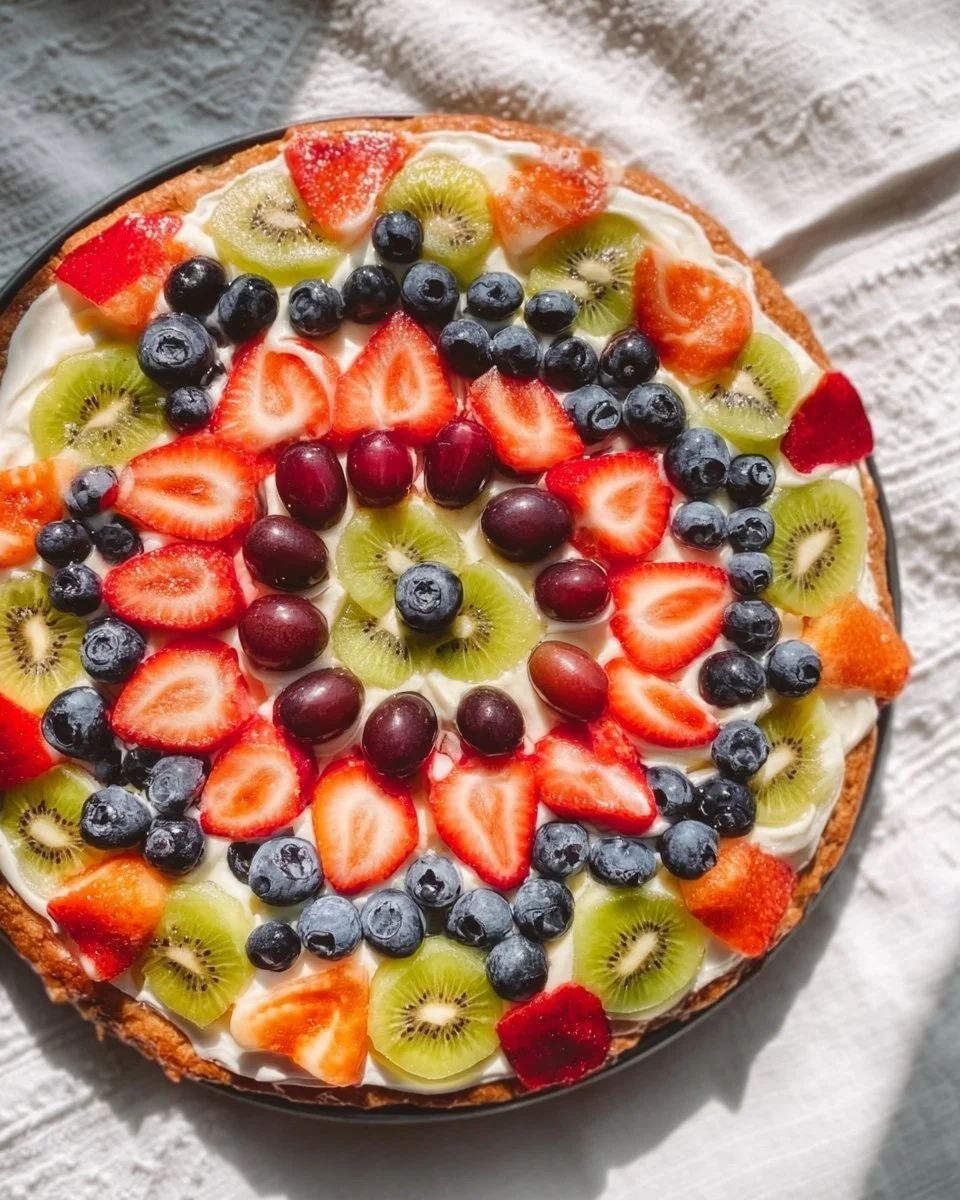 Delicious fruit pizza with vibrant fresh fruits and creamy topping on a cookie crust.