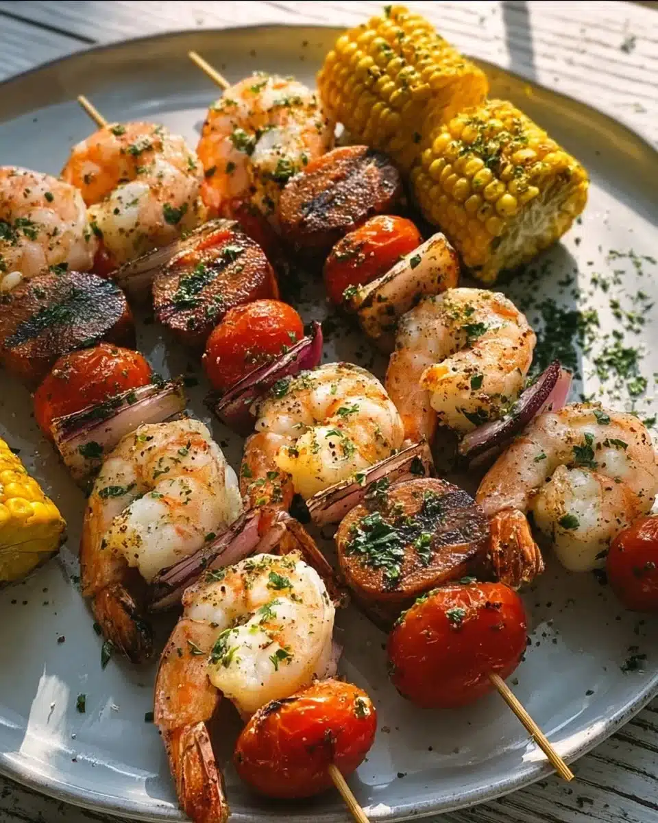 Delicious grilled seafood skewers with shrimp, fish, and veggies on a platter