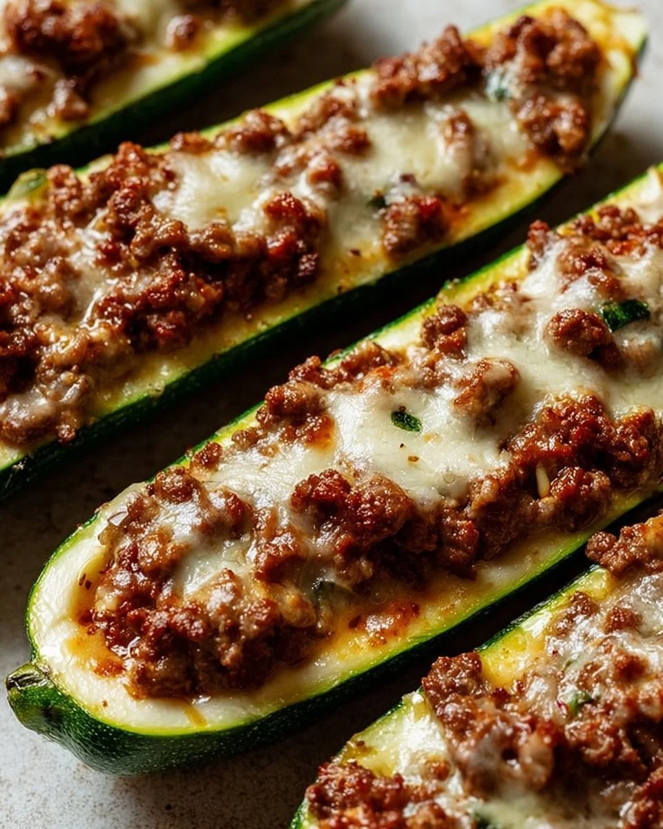 Delicious ground beef zucchini boats topped with cheese and herbs