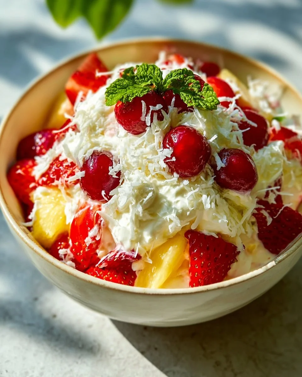 Hawaiian Cheesecake Salad with vibrant fruits and creamy layers