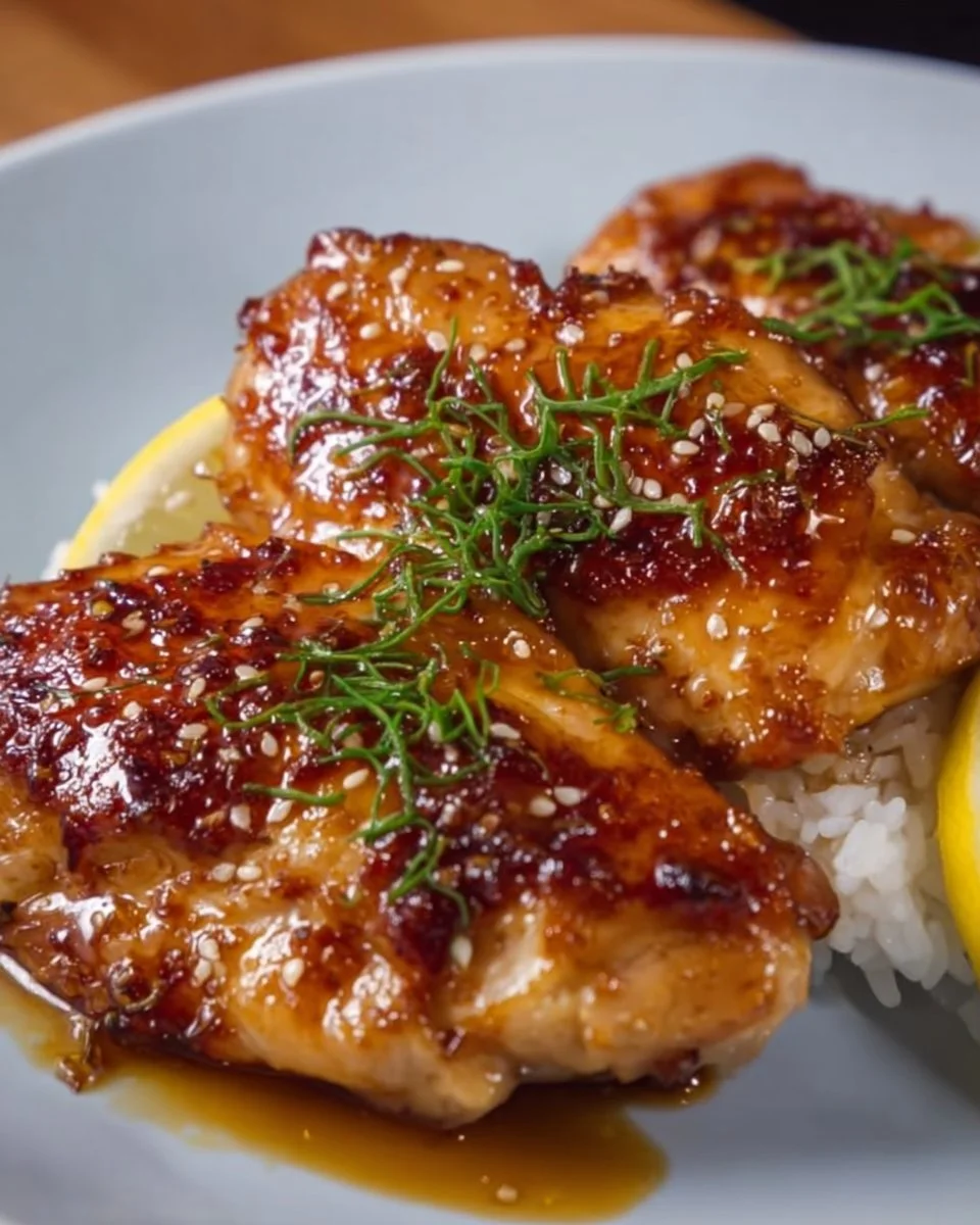 Honey Lemon Garlic Chicken dish garnished with fresh herbs