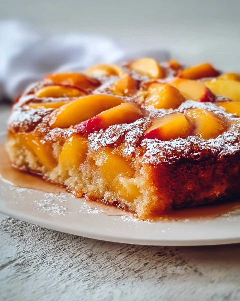 Irresistible summer peach cake topped with fresh slices of peach