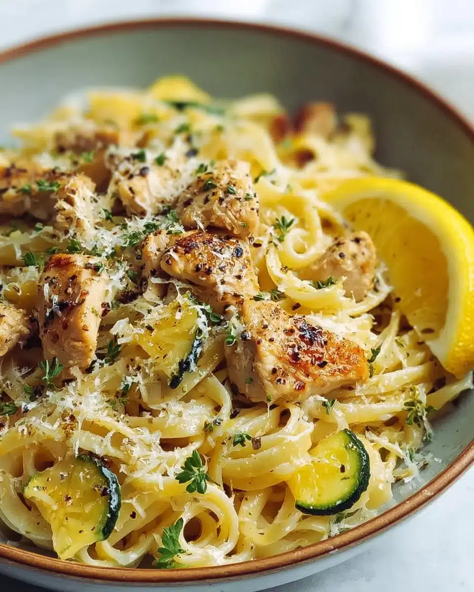 Italian Lemon Chicken Pasta dish with herbs and lemon garnish