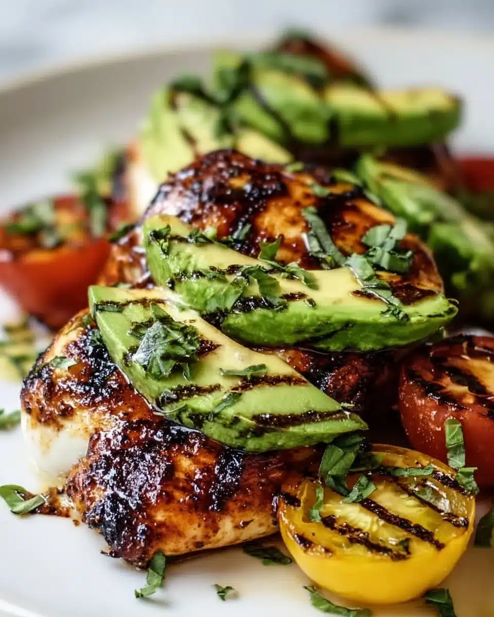 Juicy grilled chicken topped with fresh California avocados on a plate