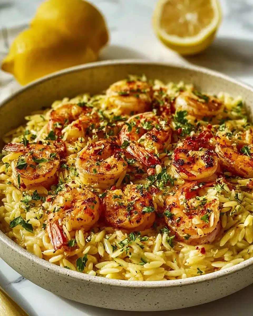 Delicious plate of Lemon Garlic Shrimp Orzo with vibrant herbs.