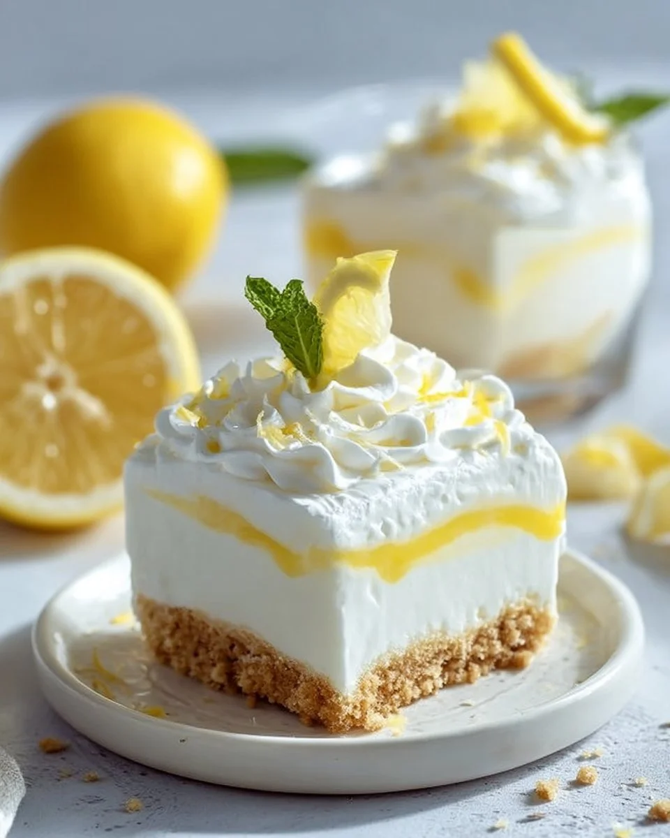 Slice of creamy Lemon Icebox Dessert with a lemon wedge garnish
