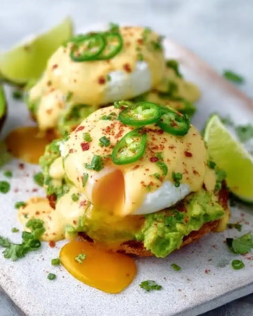 Plated Mexican Eggs Benedict with poached eggs, tortillas, and colorful toppings.