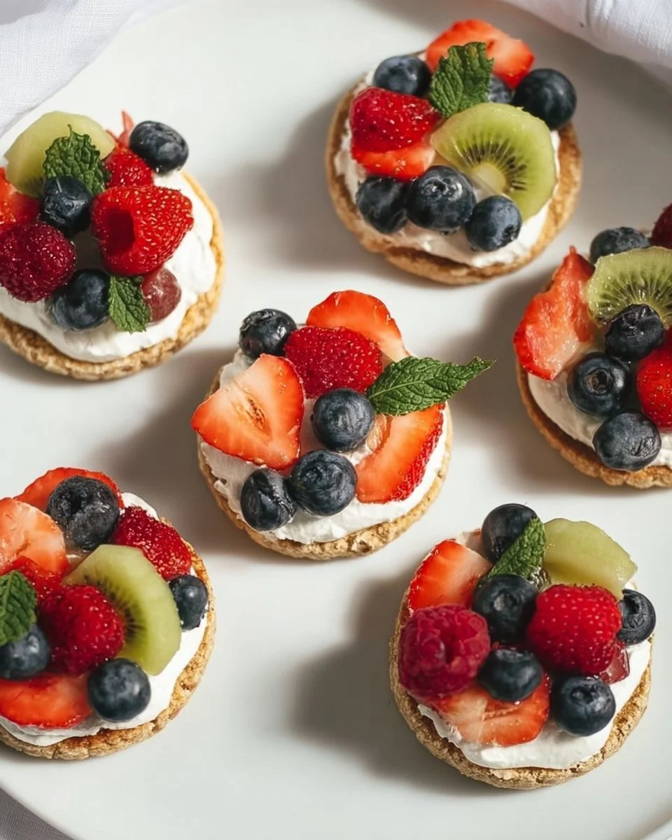 Mini fruit pizzas topped with fresh colorful fruits and cream cheese