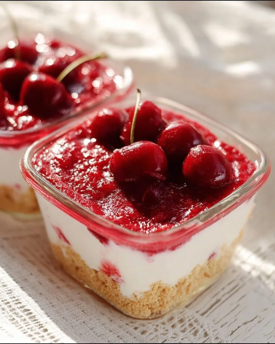 No-Bake Cherry Yum Yum Dessert with creamy layers and cherry topping