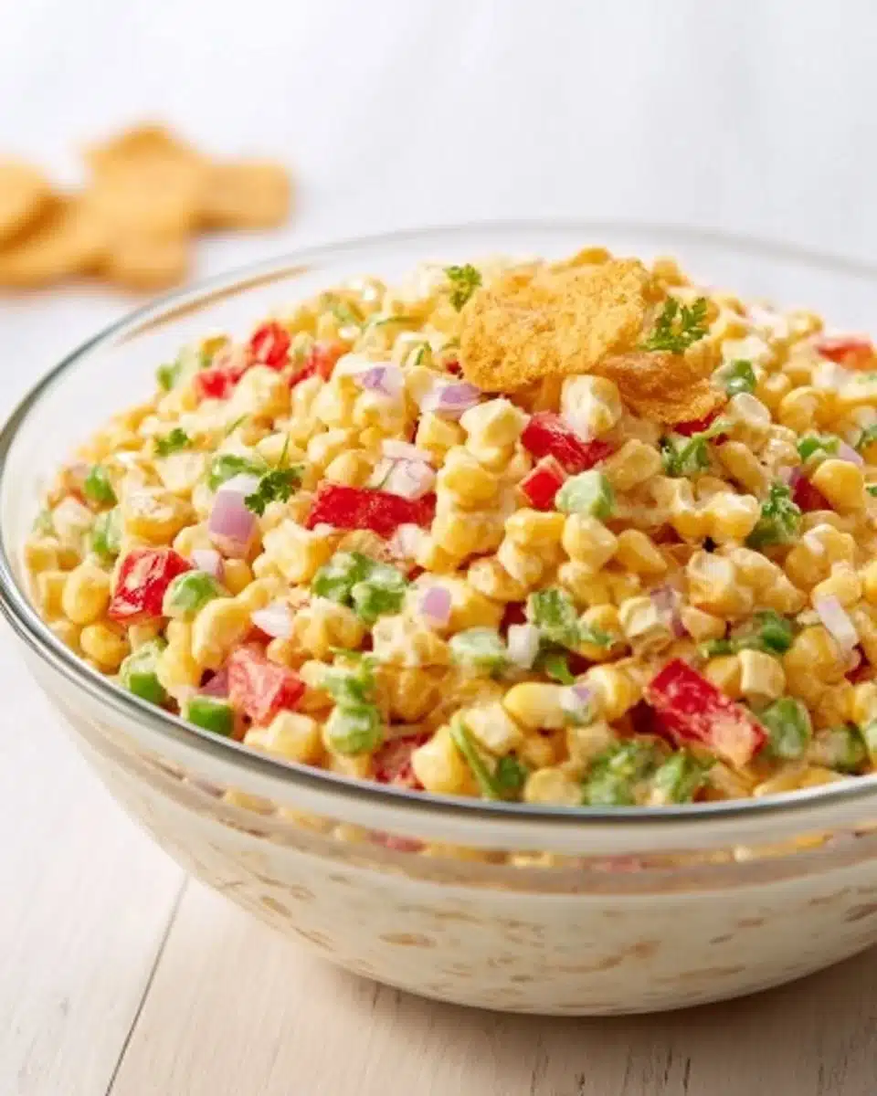Paula Deen's Frito Corn Salad dish served in a bowl with colorful ingredients