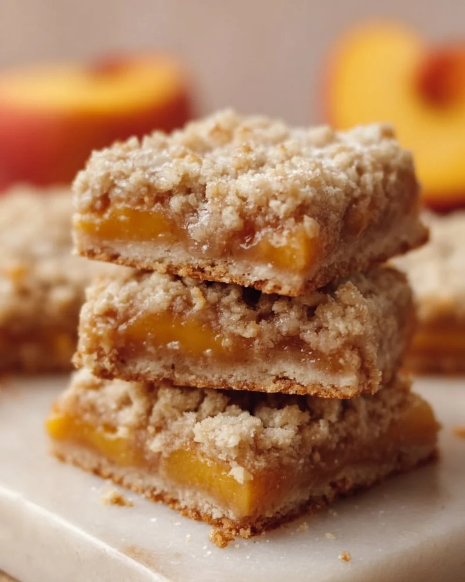 Freshly baked peach bars topped with sliced peaches and crumble.