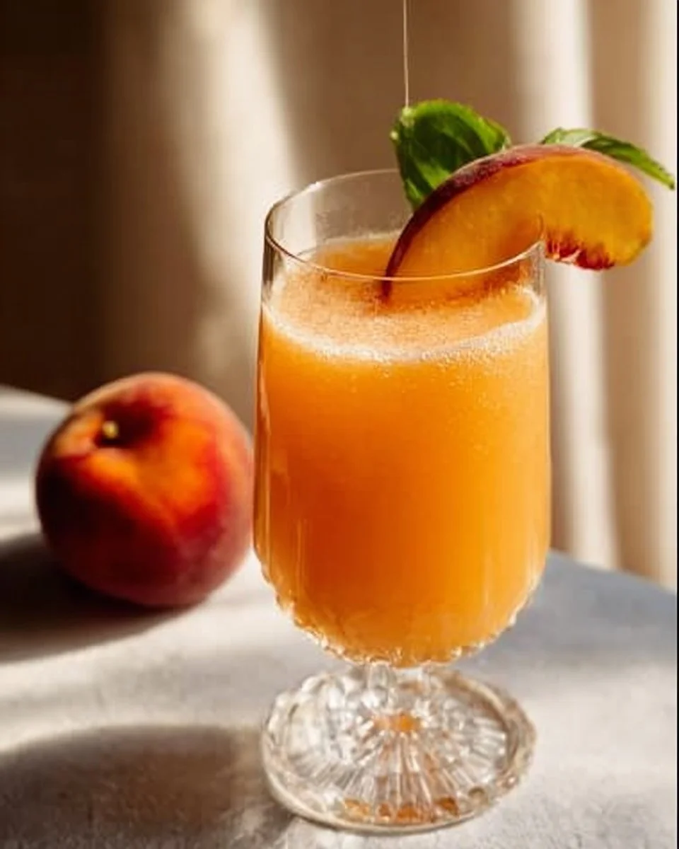 Refreshing Peach Bellini Mocktail garnished with fresh peaches and mint