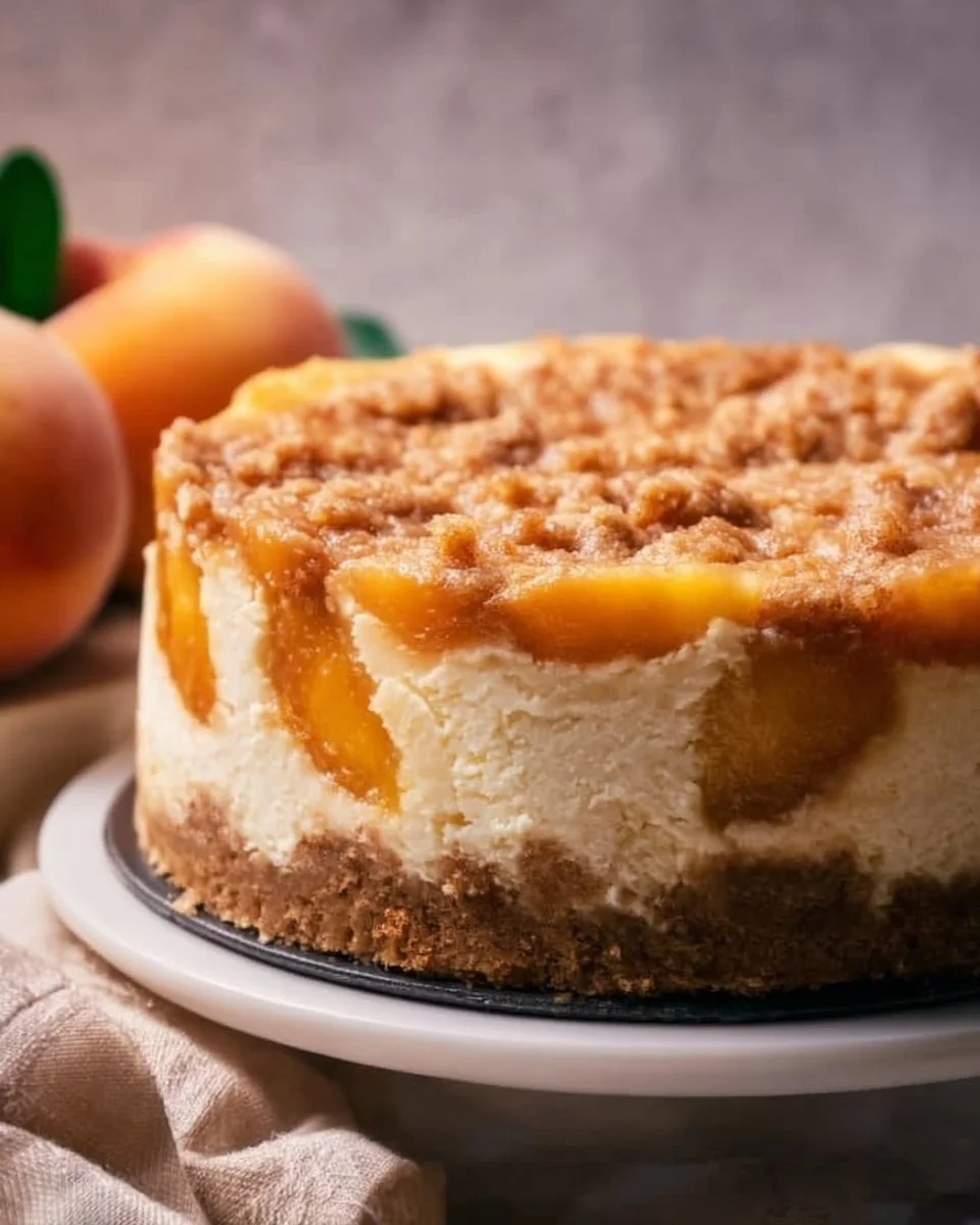 Delicious Peach Cobbler Cheesecake topped with juicy peaches and a crumbly crust.