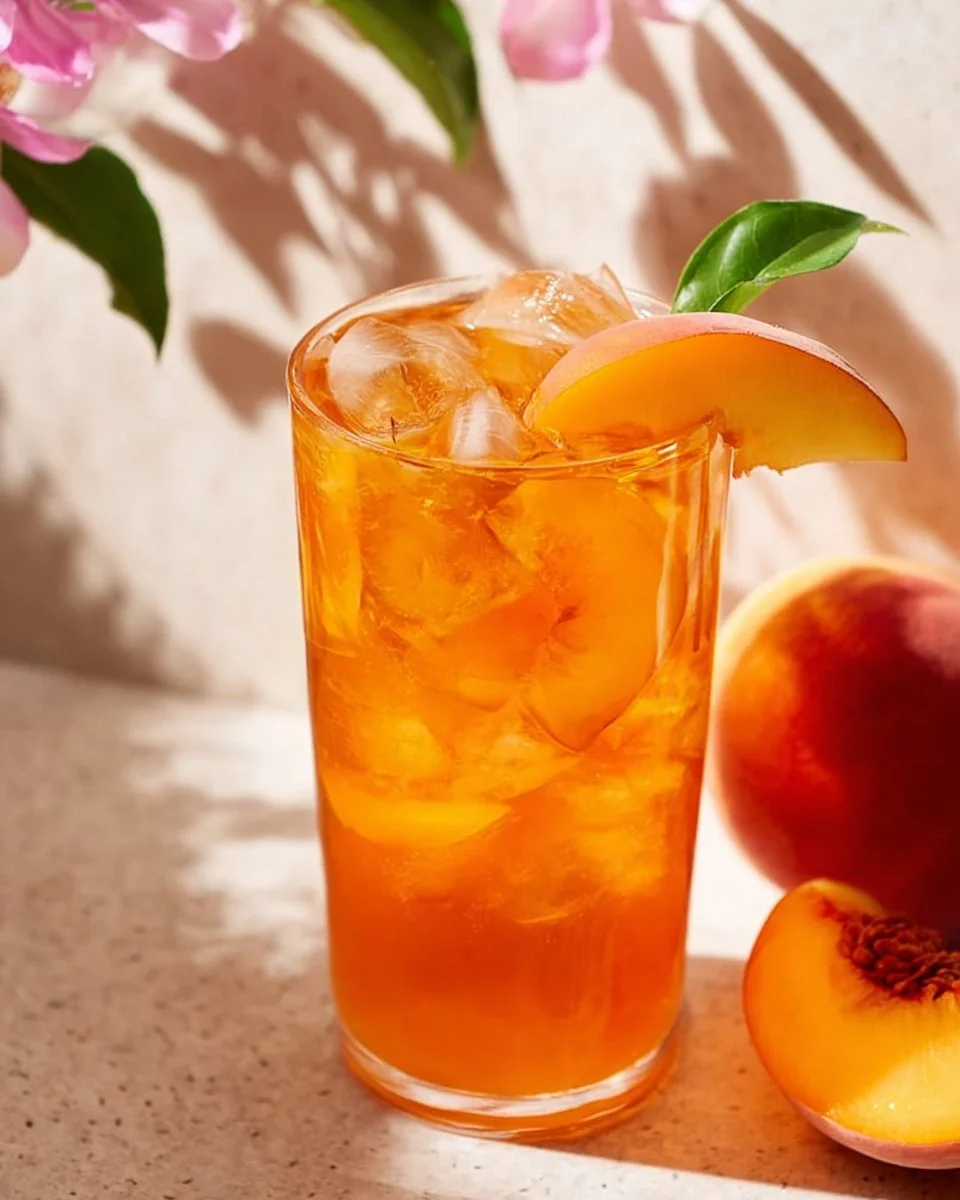 A refreshing glass of homemade Peach Iced Tea served with peach slices.