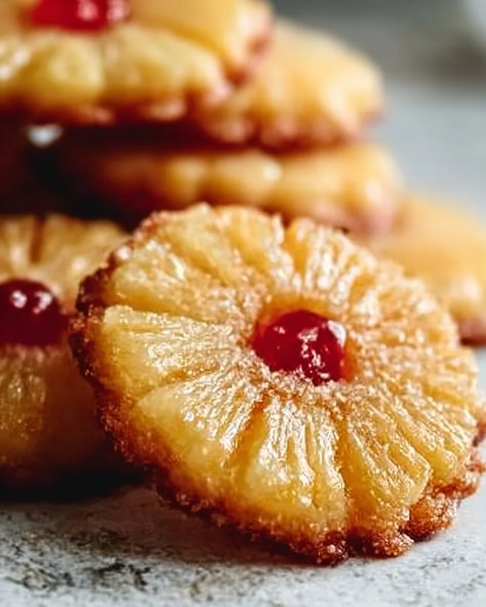 Pineapple upside down cookies displayed on a plate with a tropical background.