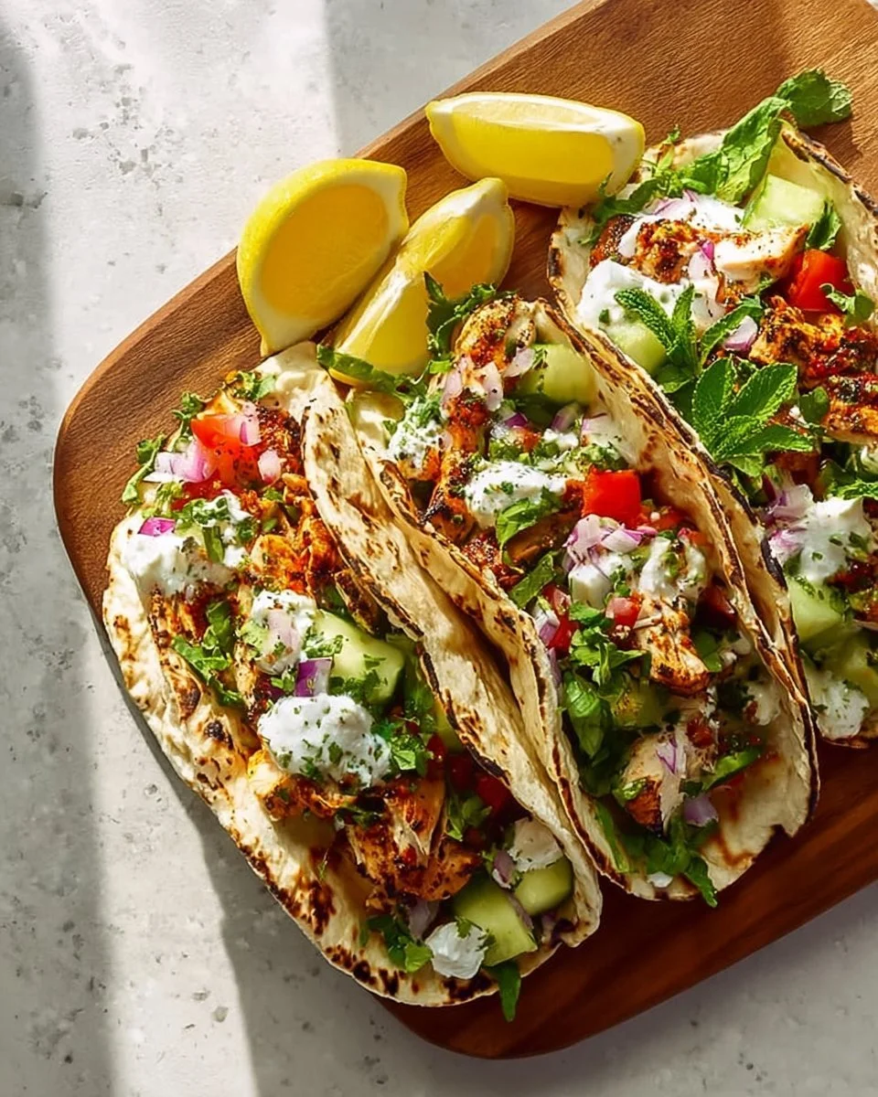 Delicious quick Mediterranean chicken tacos served with fresh toppings and herbs