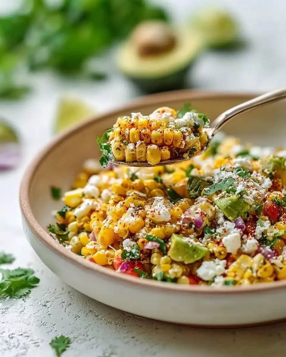 Delicious Mexican Street Corn Salad with Avocado served in a bowl